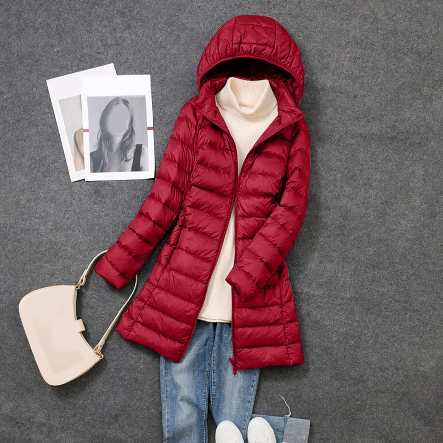 Packable Down Jackets for Women Winter Lightweight Hooded Quilted Jacket Slim Fit Full Zip Up Fashion Casual Coats