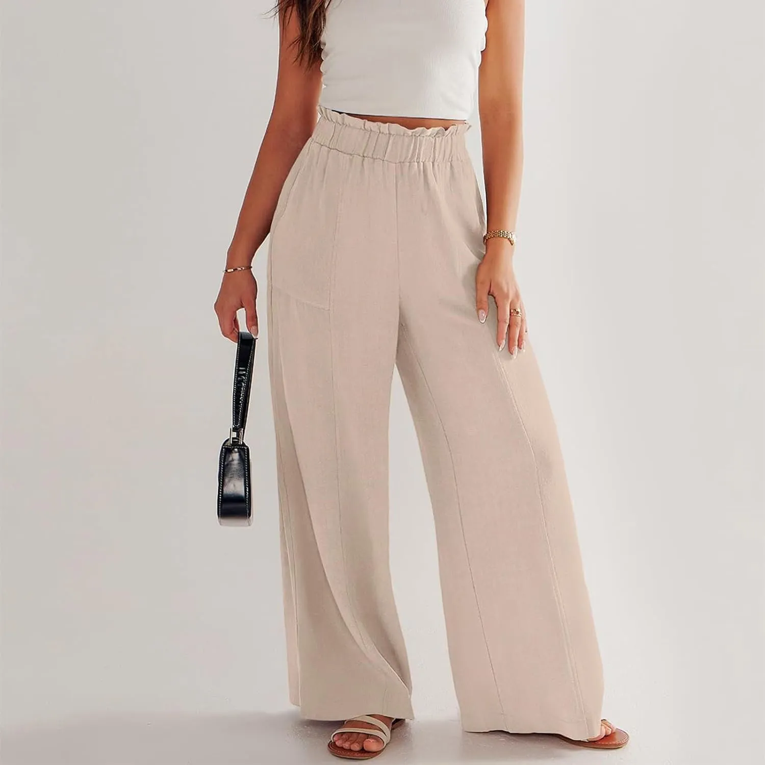 Palazzo Linen Pants for Women Elastic High Waisted Wide Leg Pants Flowy Lounge Pants Summer Beach Pants with Pockets