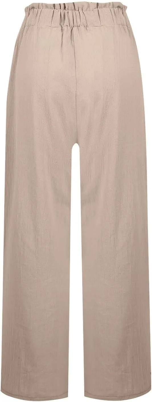 Palazzo Linen Pants for Women Elastic High Waisted Wide Leg Pants Flowy Lounge Pants Summer Beach Pants with Pockets