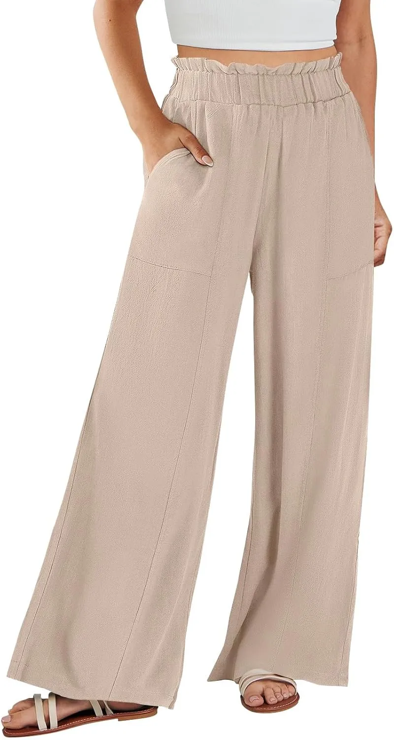 Palazzo Linen Pants for Women Elastic High Waisted Wide Leg Pants Flowy Lounge Pants Summer Beach Pants with Pockets