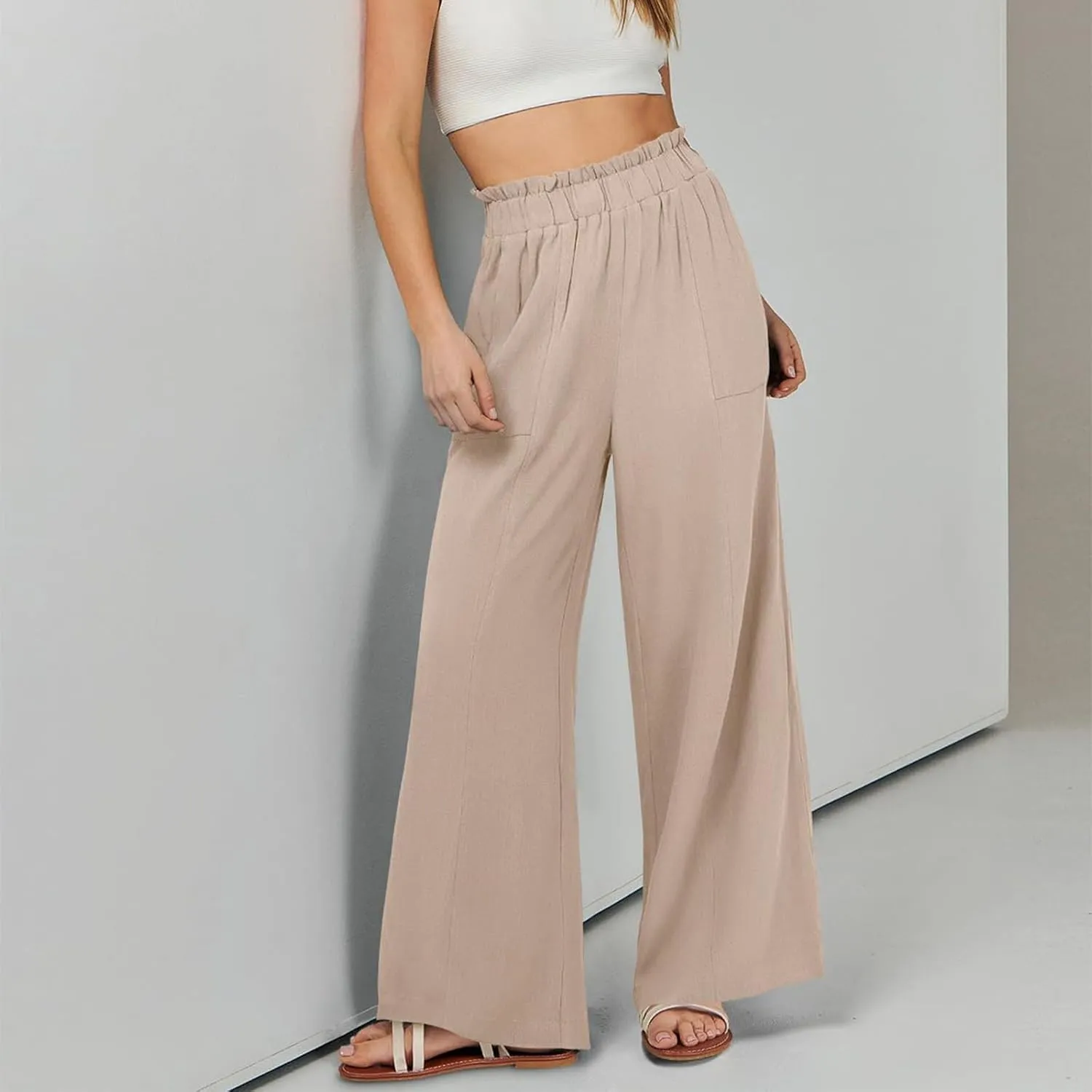 Palazzo Linen Pants for Women Elastic High Waisted Wide Leg Pants Flowy Lounge Pants Summer Beach Pants with Pockets