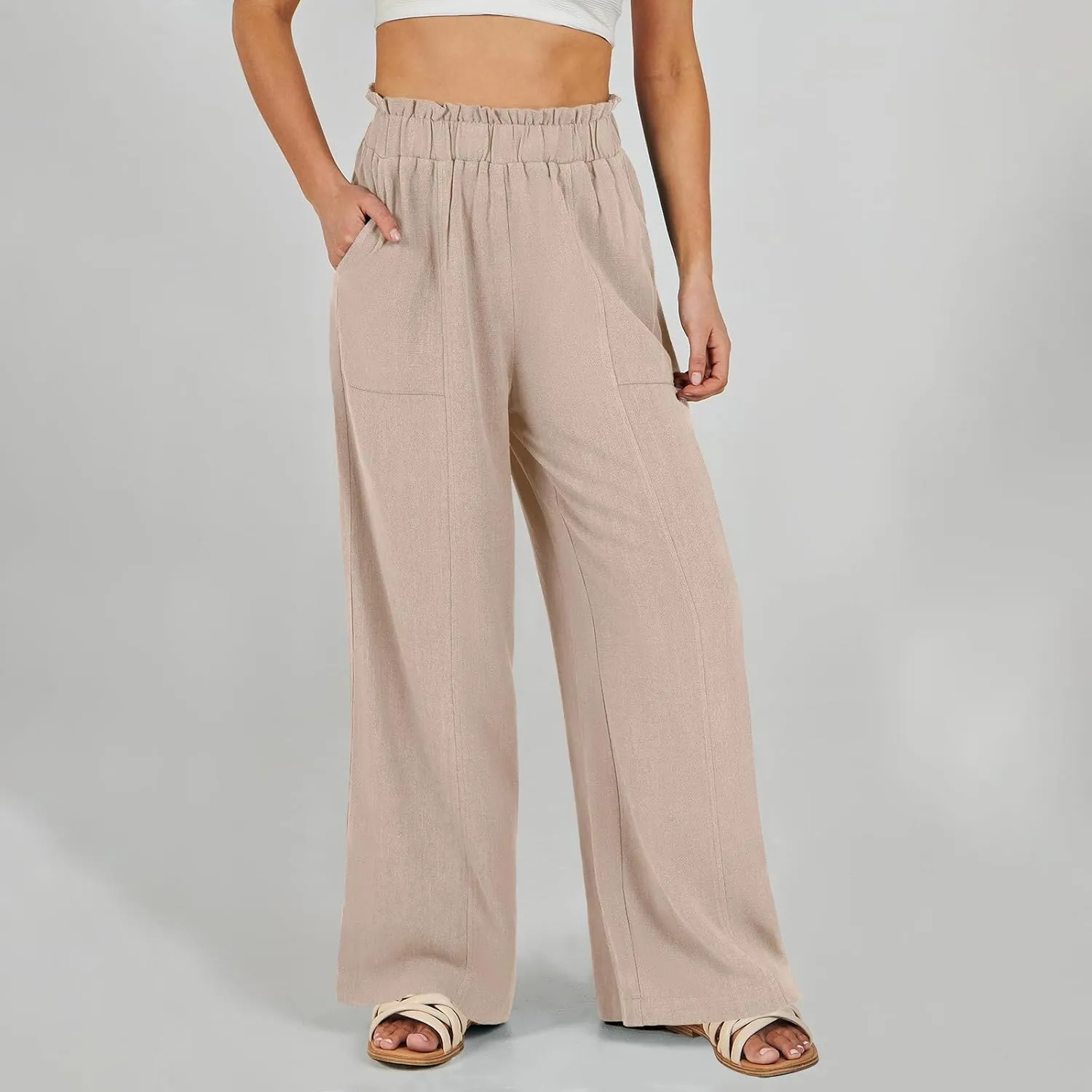 Palazzo Linen Pants for Women Elastic High Waisted Wide Leg Pants Flowy Lounge Pants Summer Beach Pants with Pockets
