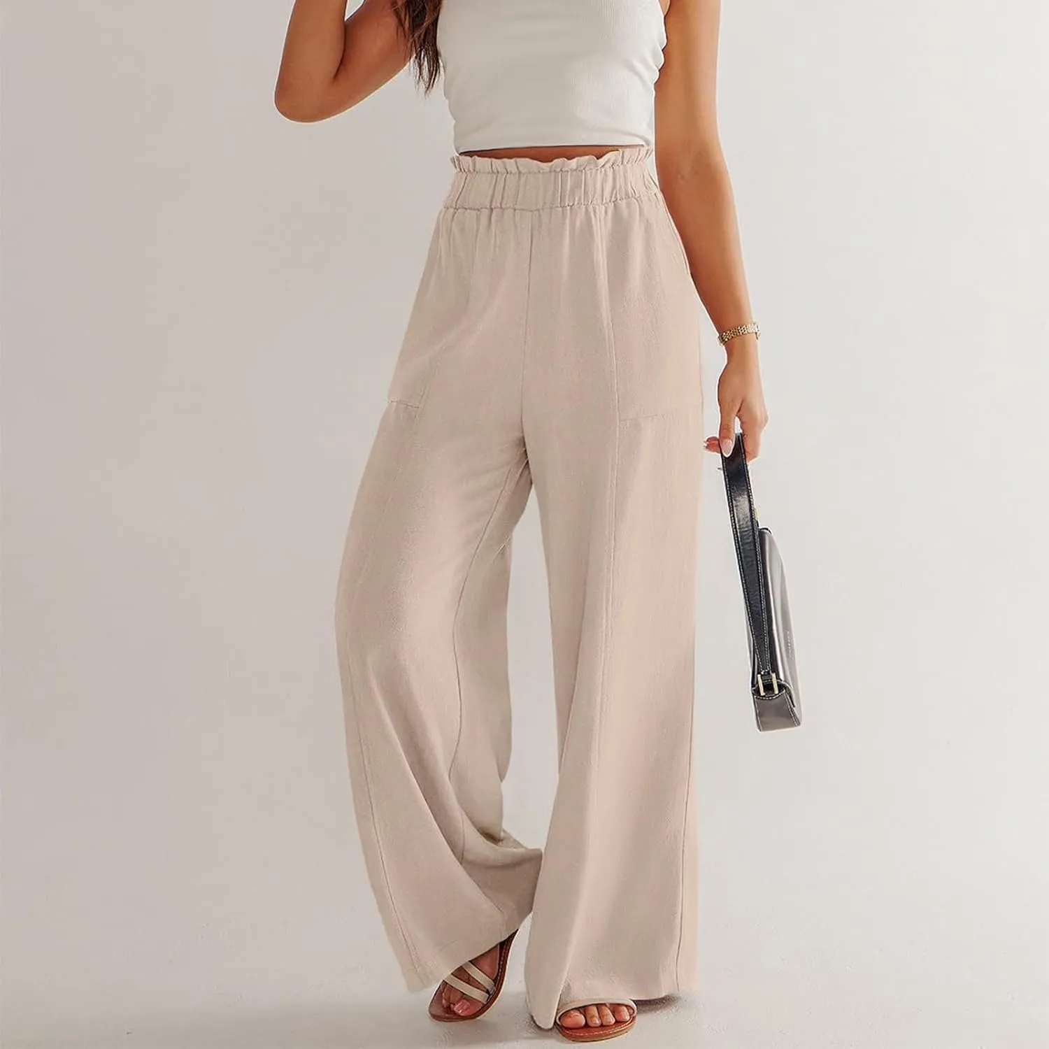 Palazzo Linen Pants for Women Elastic High Waisted Wide Leg Pants Flowy Lounge Pants Summer Beach Pants with Pockets