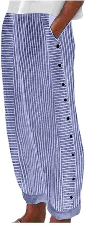 Pants for Women Trendy Casual Stripe Side Button Summer Pants Elastic Waist Straight Leg Comfort Trousers