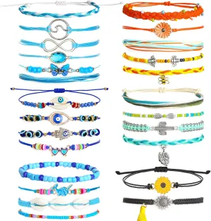 PAXCOO Set of 25 Surfer Wave Bracelets Ocean Wave Adjustable Waterproof Handmade Bracelet Summer Sunflower Bracelets Anklets Jewelry for Women