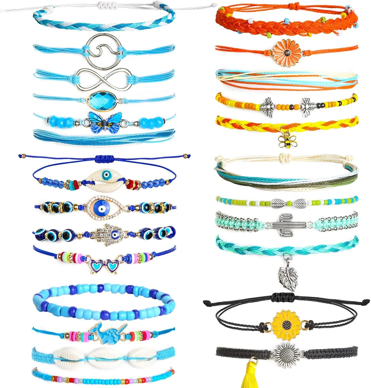 PAXCOO Set of 25 Surfer Wave Bracelets Ocean Wave Adjustable Waterproof Handmade Bracelet Summer Sunflower Bracelets Anklets Jewelry for Women