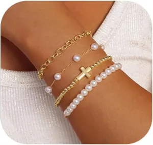 Pearl Bracelets for Women, 14K Gold Plated Beaded Jewelry Sets With Cross Charm Chain, Dainty Trendy Gifts