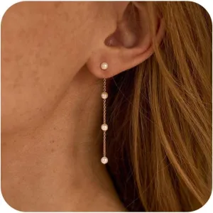Pearl Drop Earrings for Women, Trendy 18k Gold Plated Pearl Dangle Earrings Dainty Pearl Earrings for Women Hypoallergenic Gold Tassel Earring Cute Pearl Jewelry Gifts for Her