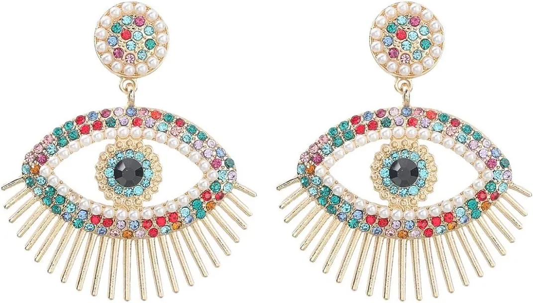 Pearl Eye Earrings, Colorful Evil Eye Dangle Earrings for Women, Bohemian Beaded Eye Earrings, Sparkling Eye Stud Earrings Evil Eye Boho Jewelry, Rainbow Eye Drop Earrings for womens, Zinc, no