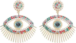 Pearl Eye Earrings, Colorful Evil Eye Dangle Earrings for Women, Bohemian Beaded Eye Earrings, Sparkling Eye Stud Earrings Evil Eye Boho Jewelry, Rainbow Eye Drop Earrings for womens, Zinc, no