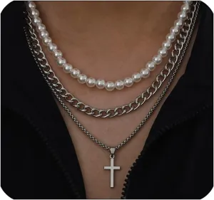Pearl Necklace for Men Layered Cuban Link Cross Necklaces Mens Stainless Steel Chain Faux Pearl Choker Compass Pendant 3PCS Necklaces Set for Men Women Jewelry Gift