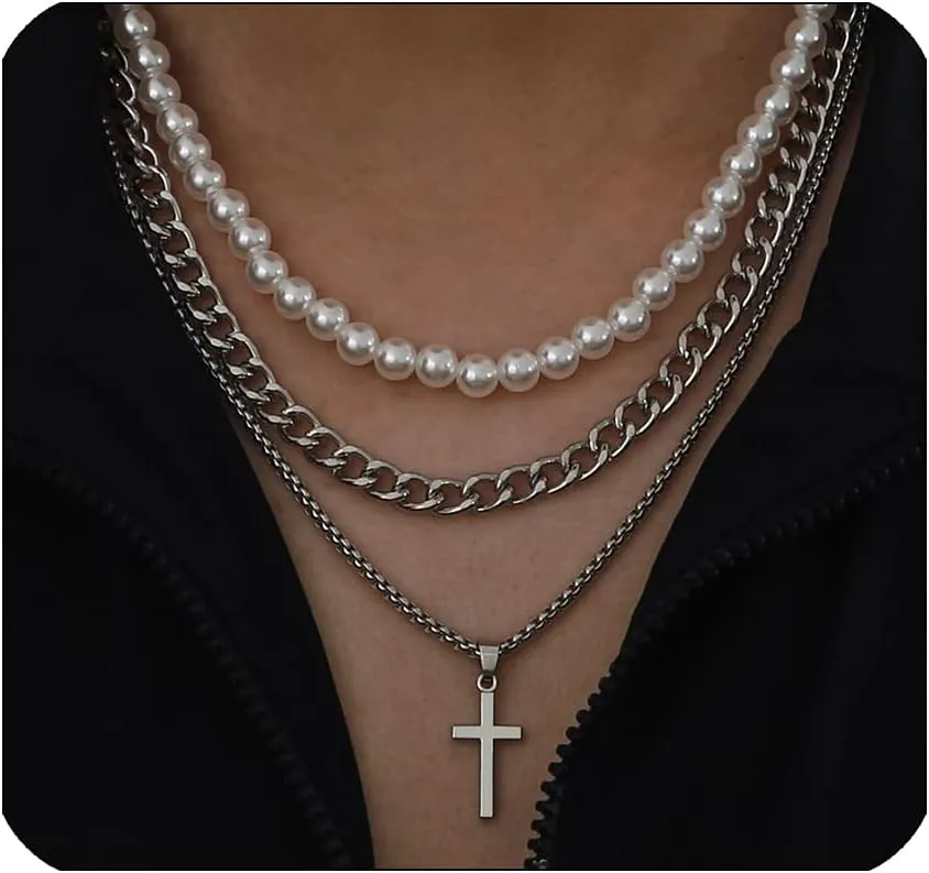 Pearl Necklace for Men Layered Cuban Link Cross Necklaces Mens Stainless Steel Chain Faux Pearl Choker Compass Pendant 3PCS Necklaces Set for Men Women Jewelry Gift