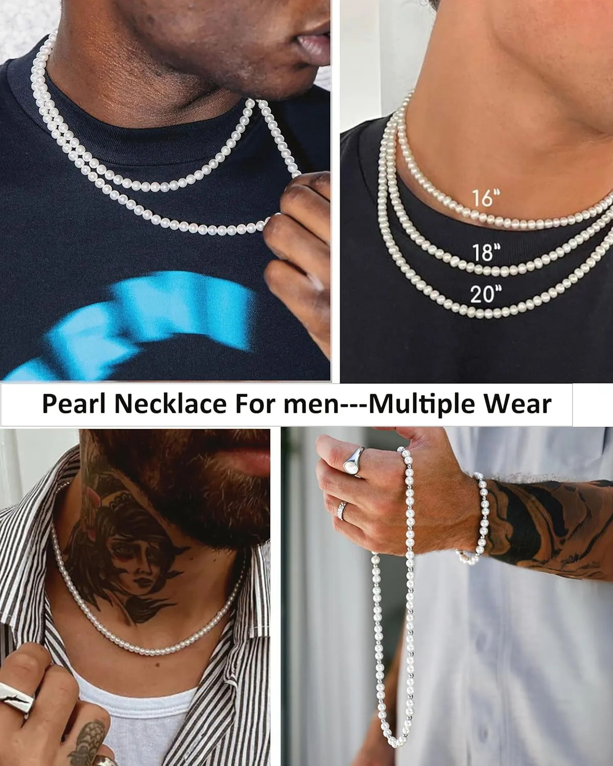 Pearl Necklace for Men Layered Cuban Link Cross Necklaces Mens Stainless Steel Chain Faux Pearl Choker Compass Pendant 3PCS Necklaces Set for Men Women Jewelry Gift