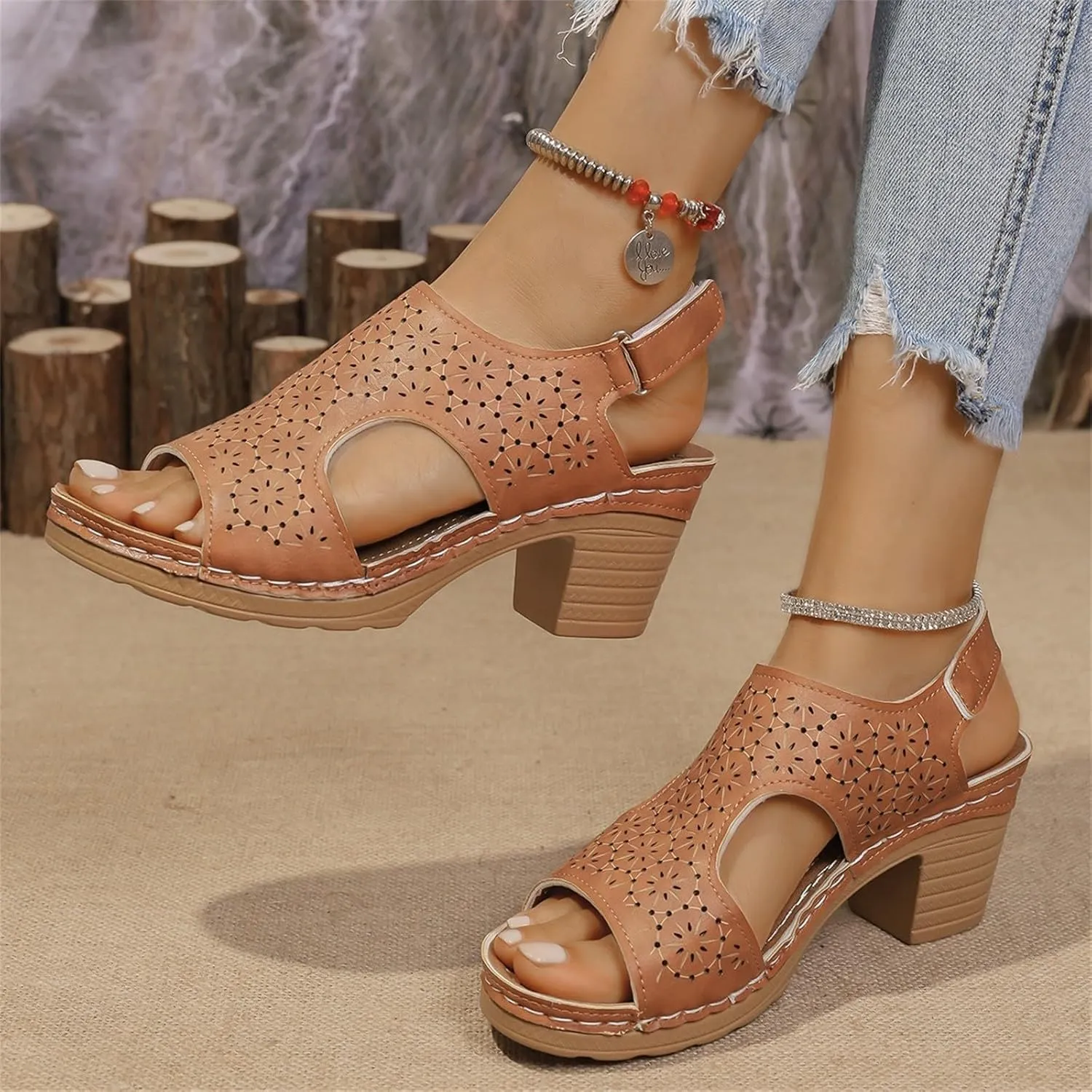 Peep Toe Sandals for Women Cutout Arch Support Summer Ankle Strap Bohemian Mid Heel Wedge Sandals Retro Beach Shoes