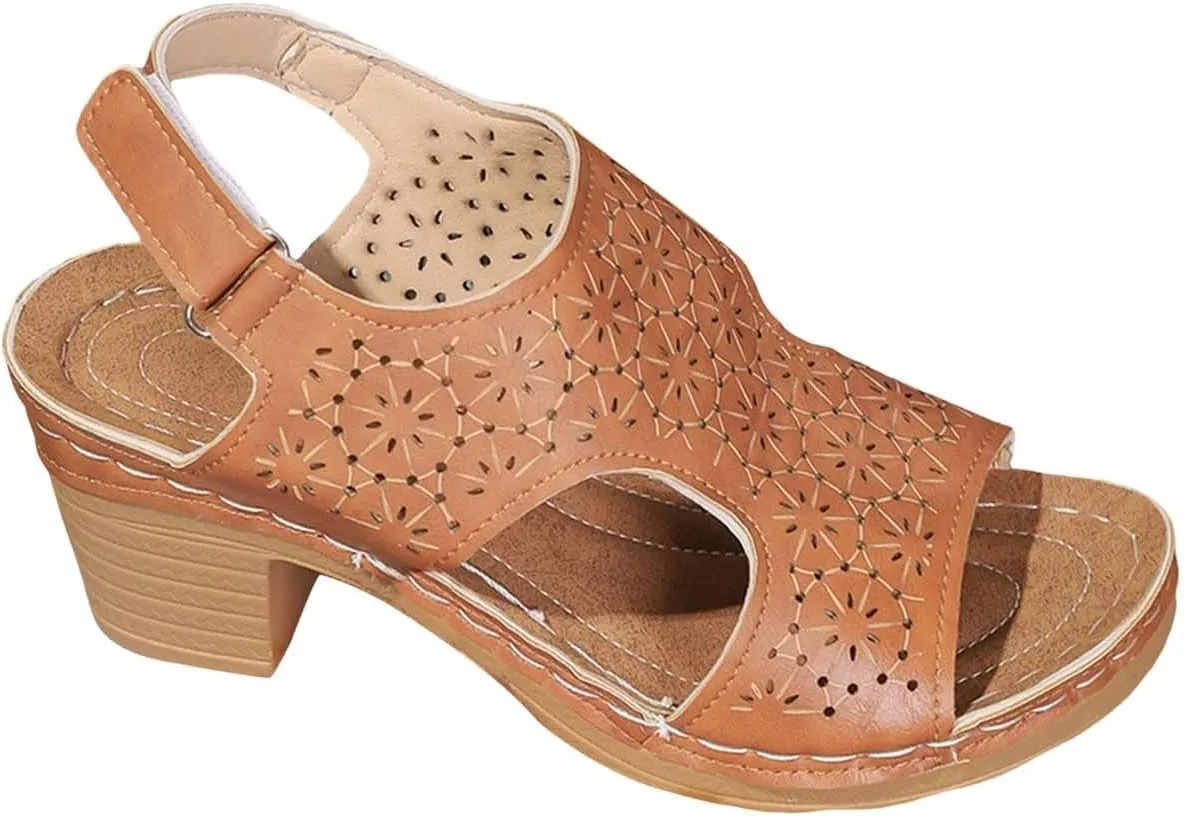 Peep Toe Sandals for Women Cutout Arch Support Summer Ankle Strap Bohemian Mid Heel Wedge Sandals Retro Beach Shoes