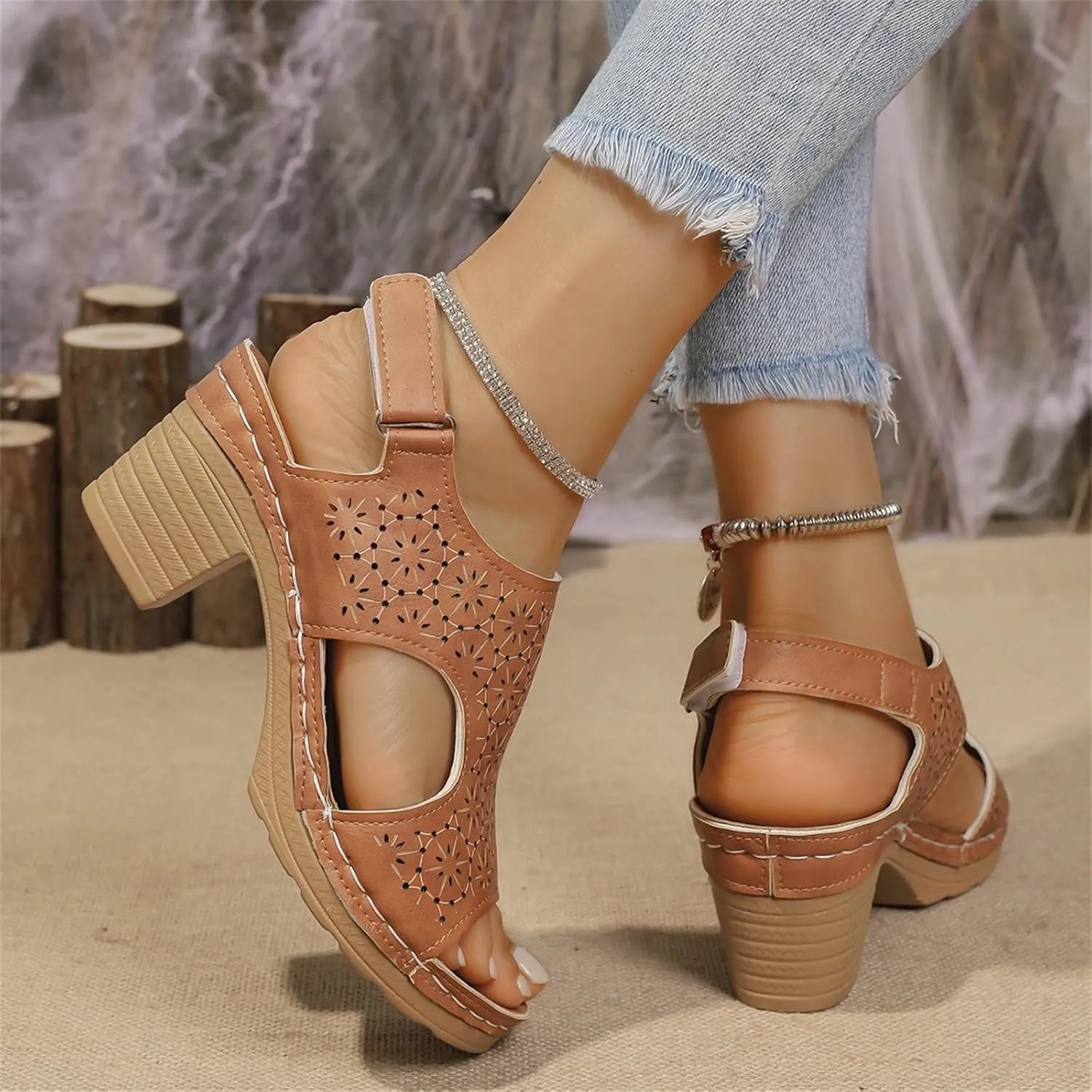 Peep Toe Sandals for Women Cutout Arch Support Summer Ankle Strap Bohemian Mid Heel Wedge Sandals Retro Beach Shoes