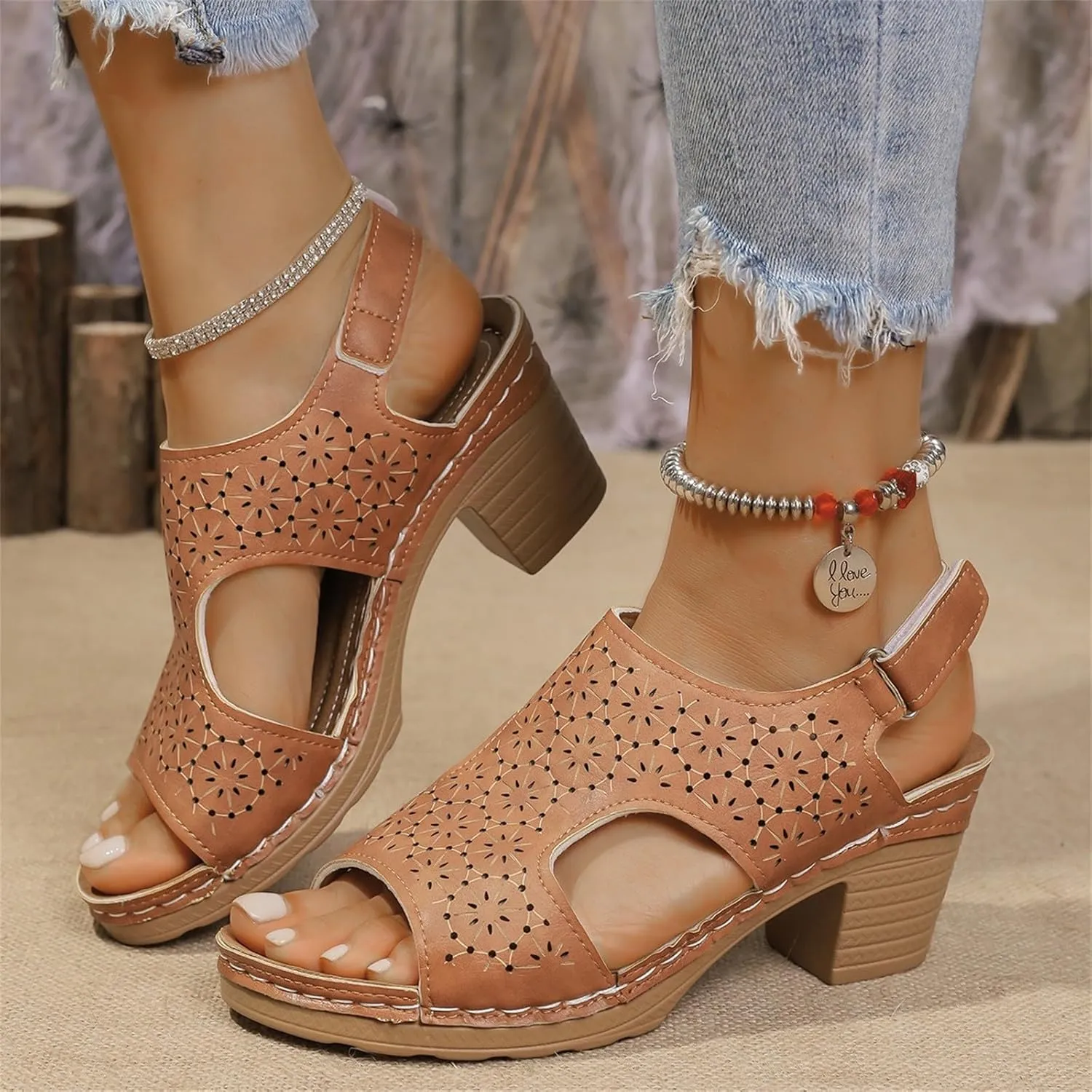 Peep Toe Sandals for Women Cutout Arch Support Summer Ankle Strap Bohemian Mid Heel Wedge Sandals Retro Beach Shoes