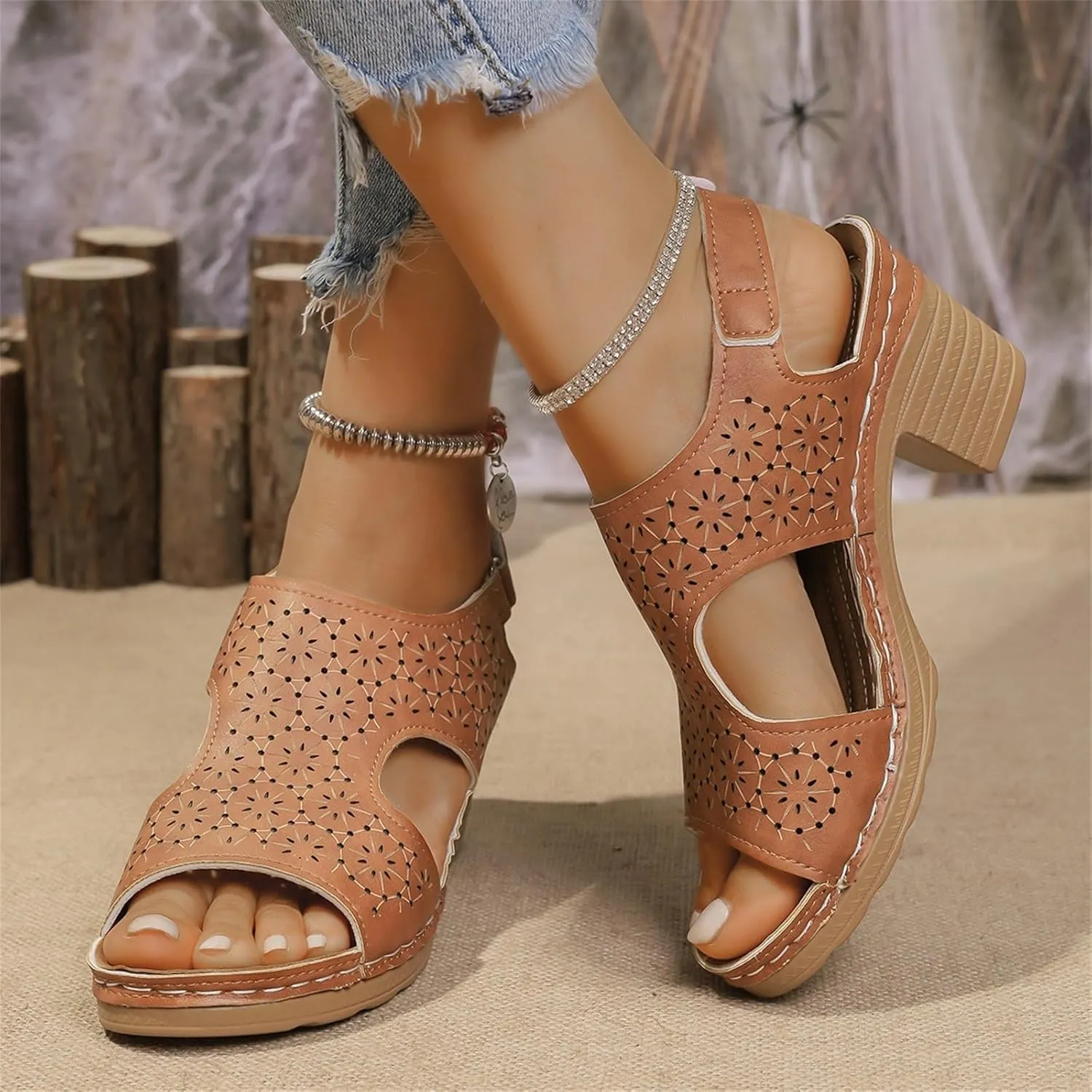Peep Toe Sandals for Women Cutout Arch Support Summer Ankle Strap Bohemian Mid Heel Wedge Sandals Retro Beach Shoes