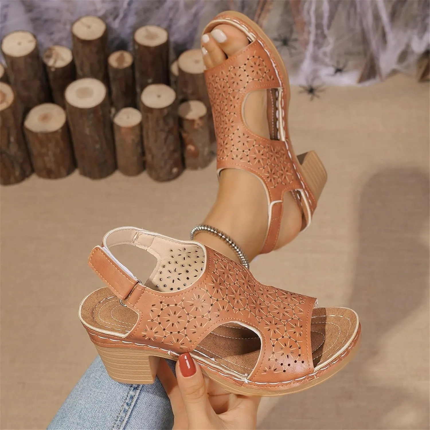 Peep Toe Sandals for Women Cutout Arch Support Summer Ankle Strap Bohemian Mid Heel Wedge Sandals Retro Beach Shoes