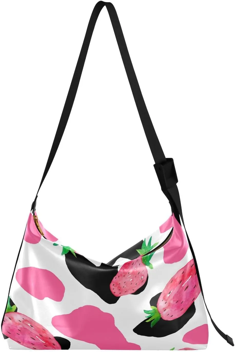 Pink Strawberry Hobo Crossbody Bags for Women Leather Large Shoulder Bag Cross Body Black White Cow Print Trendy Womens Tote Bags Handbag for Travel Shopping
