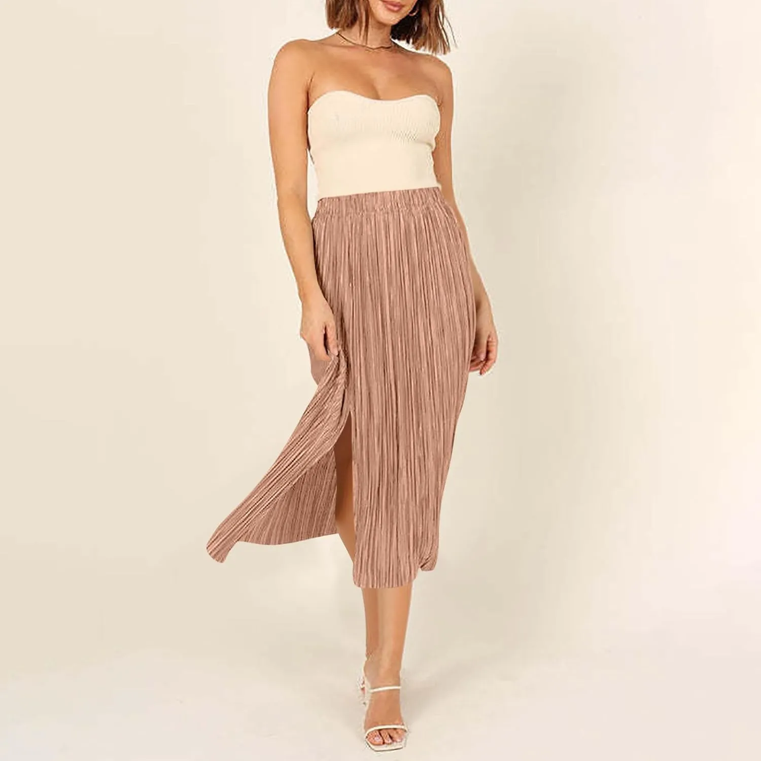 Pleated Midi Skirt for Women Elastic High Waisted Side Slit Thigh Skirts Casual Summer Solid Fashion A line Skirt