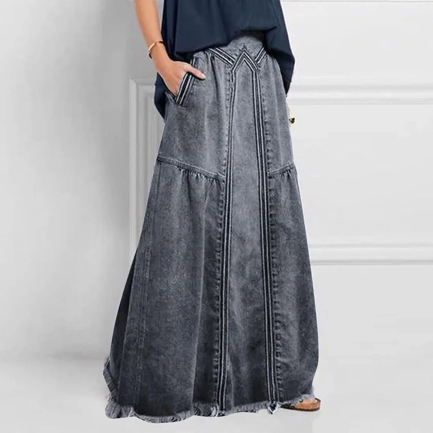 Plus Size Women's Casual Denim Maxi Skirt High Waist A Line Long Denim Skirt Slim Fit A Line Jean Loose Maxi Skirt Girls