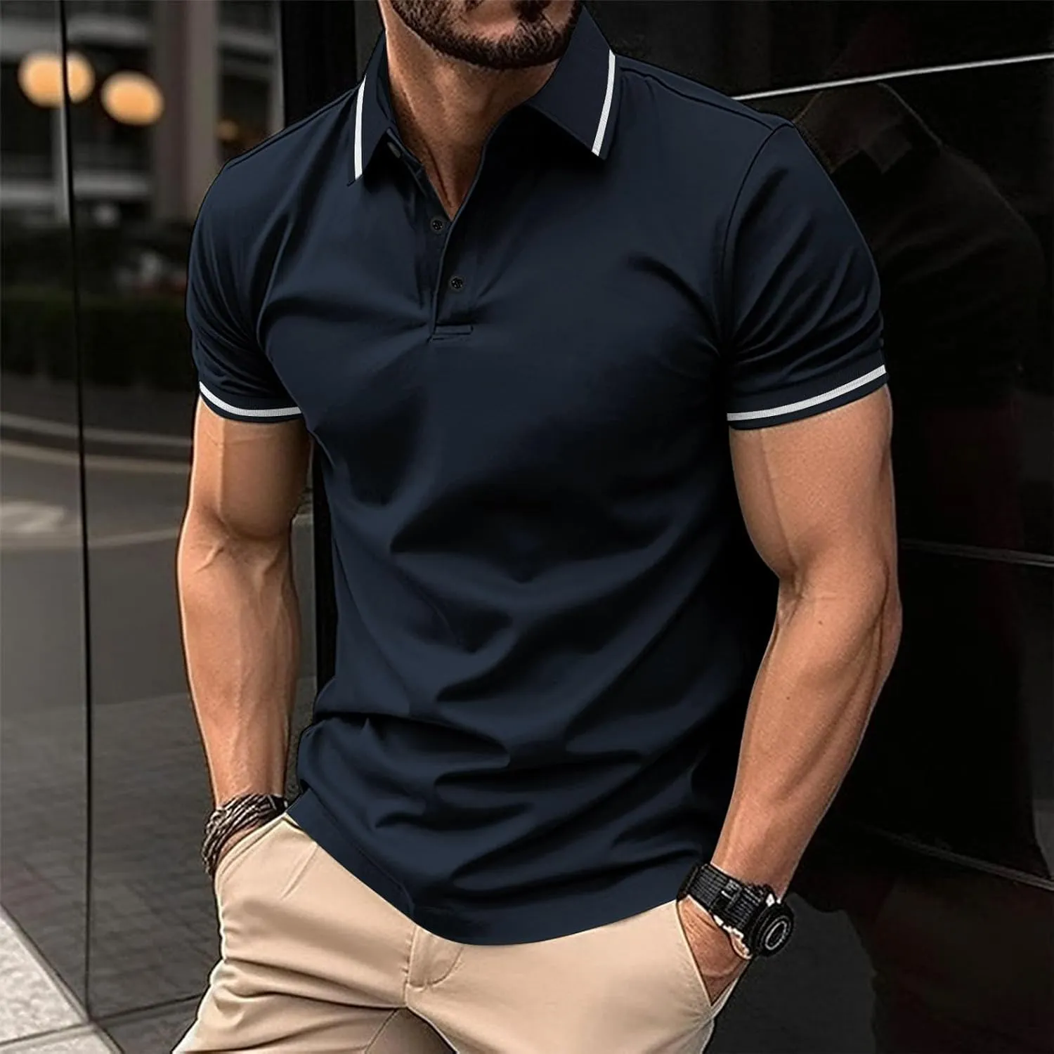 Polo Shirts for Men Summer Slim Fit Short Sleeve T-shirt Business Casual Button Up Top Dressy Solid Lapel Tee Blouse