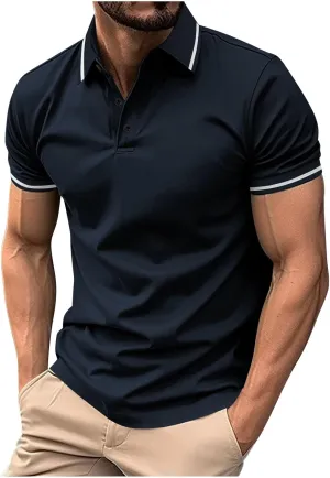 Polo Shirts for Men Summer Slim Fit Short Sleeve T-shirt Business Casual Button Up Top Dressy Solid Lapel Tee Blouse