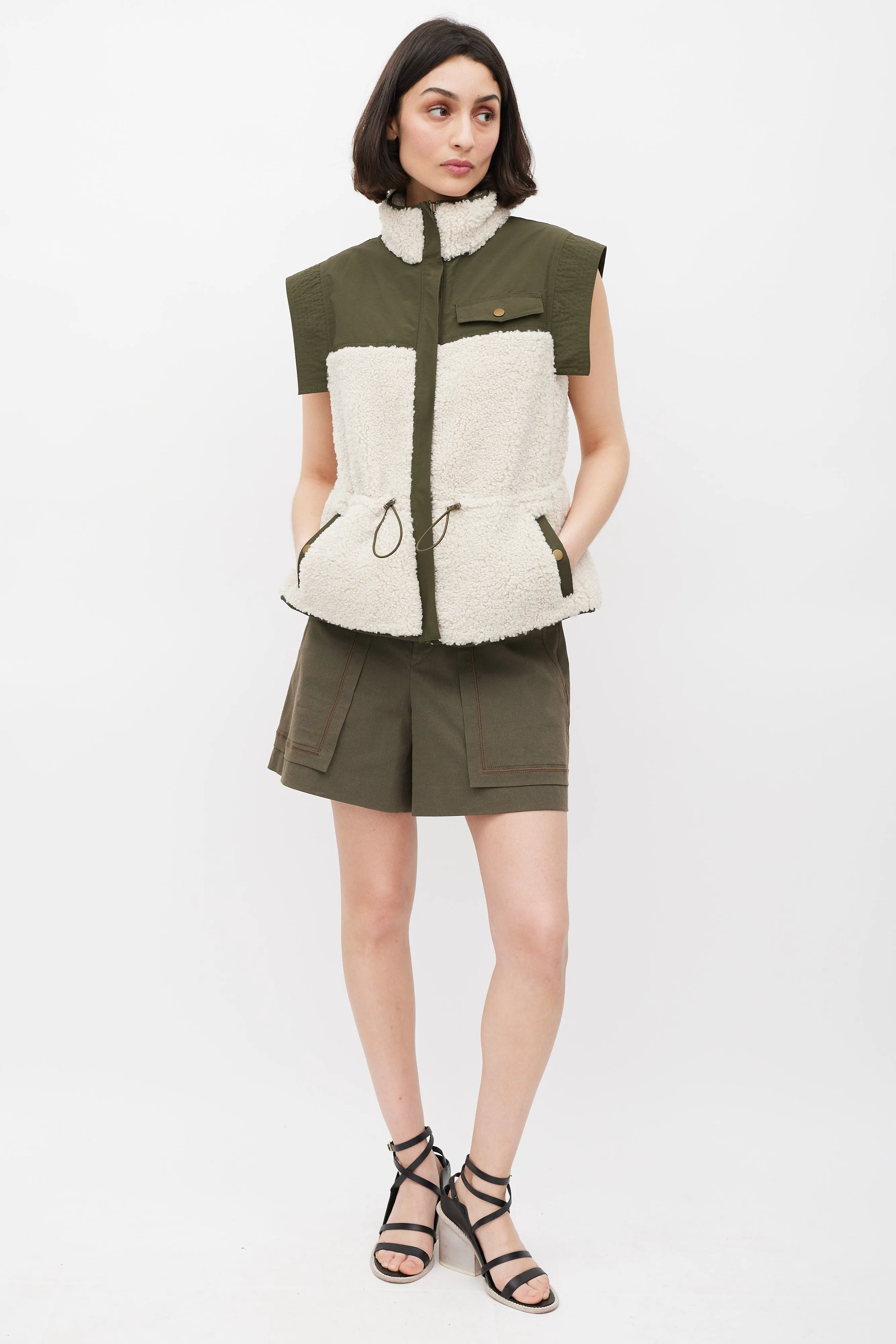 Pre Fall 2022 Green & Cream Nylon & Sherpa Vest