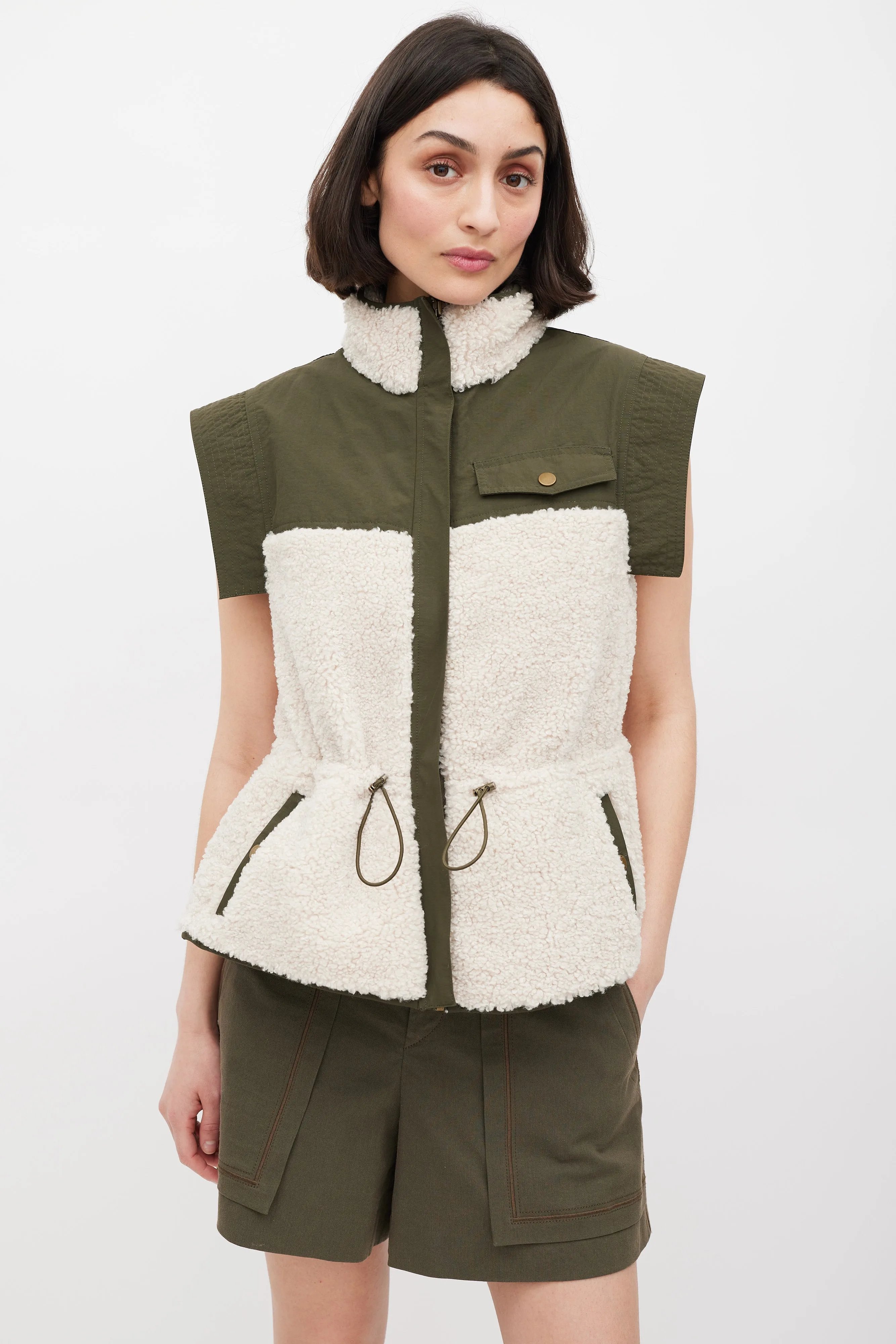 Pre Fall 2022 Green & Cream Nylon & Sherpa Vest