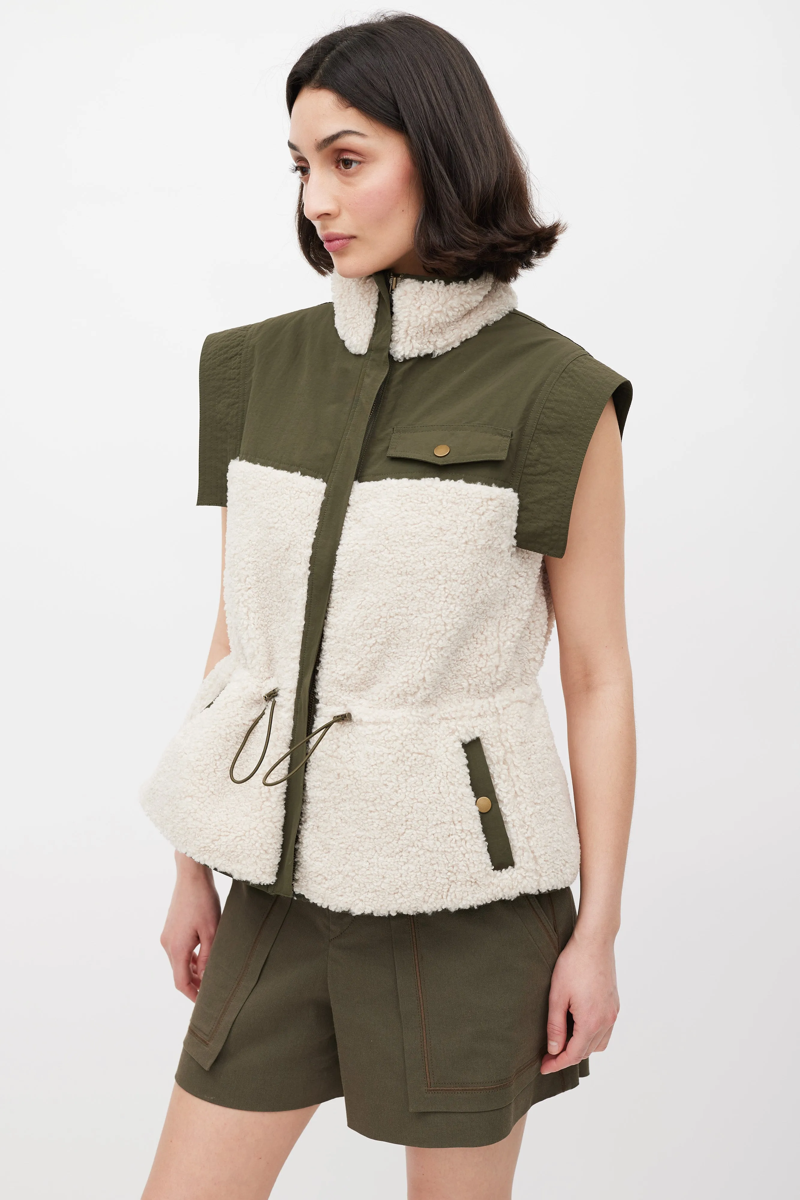 Pre Fall 2022 Green & Cream Nylon & Sherpa Vest