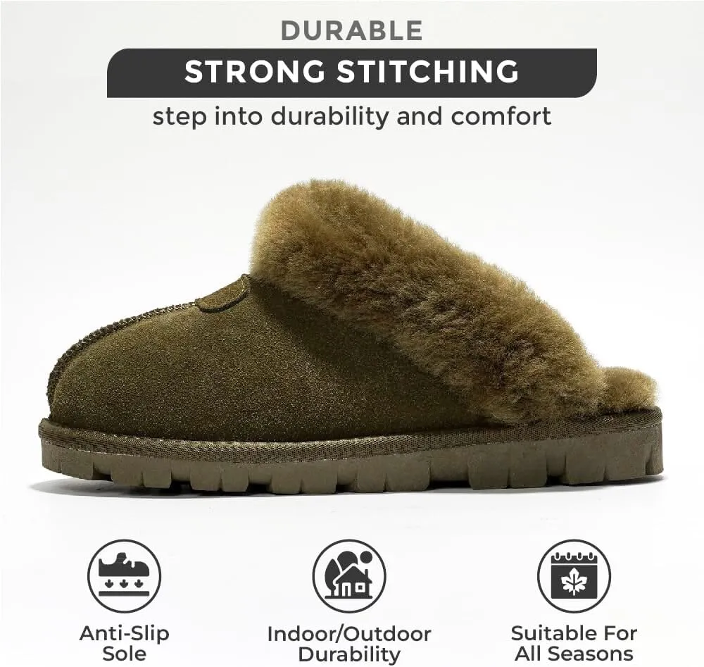 Project Cloud House Slippers for Women - Genuine Leather & Natural Fur Lining Fluffy Slippers - Cozy Memory Foam Womens Shoes (Hedy)
