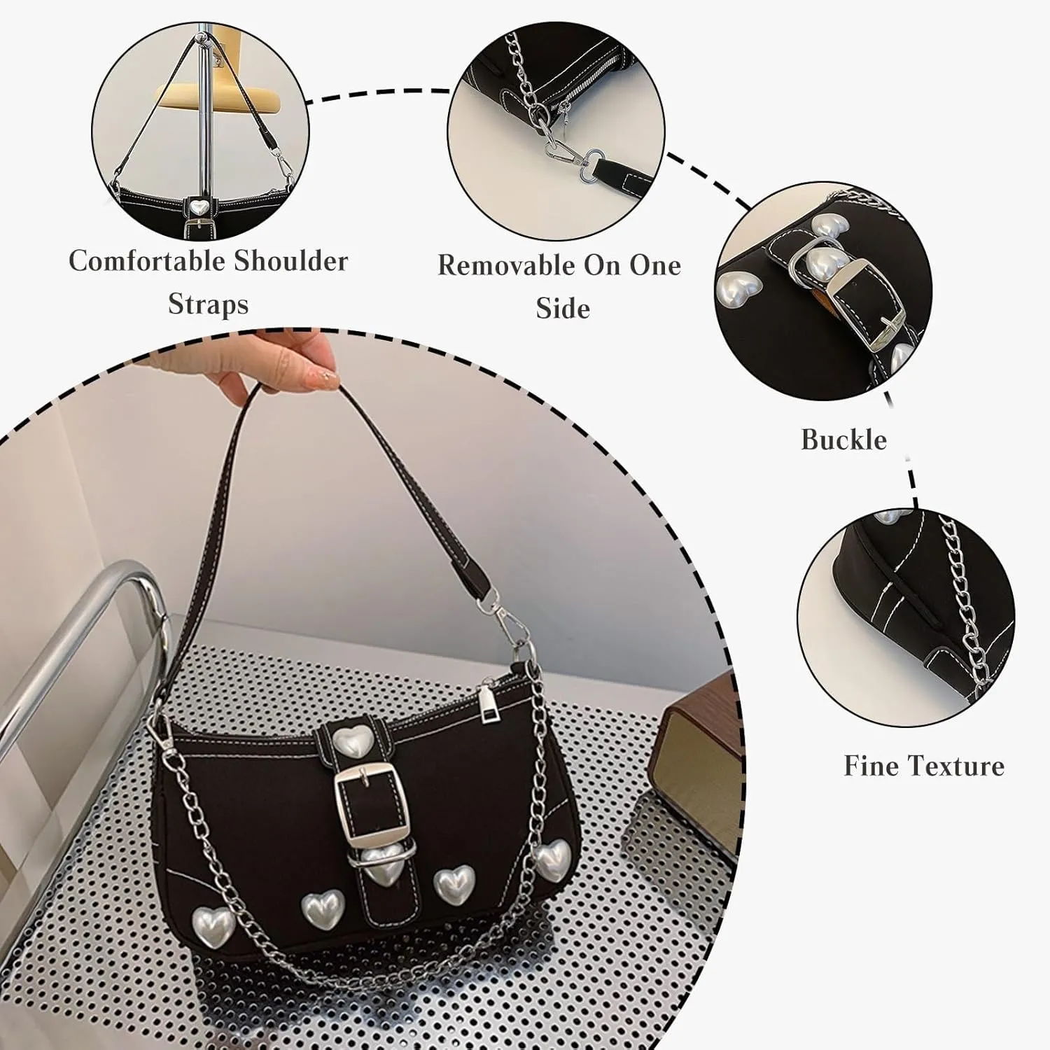 PU Leather Handbag for Women Medium Capacity Shoulder Crossbody with Zipper Tote Vintage Messenger Ladies Heart Hobo
