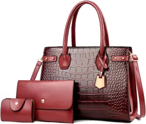 PU Leather Purses and Handbags Crossbody for Women Fashion Crocodile Pattern Top Handle Satchel Purse Set 3pcs (Brown)