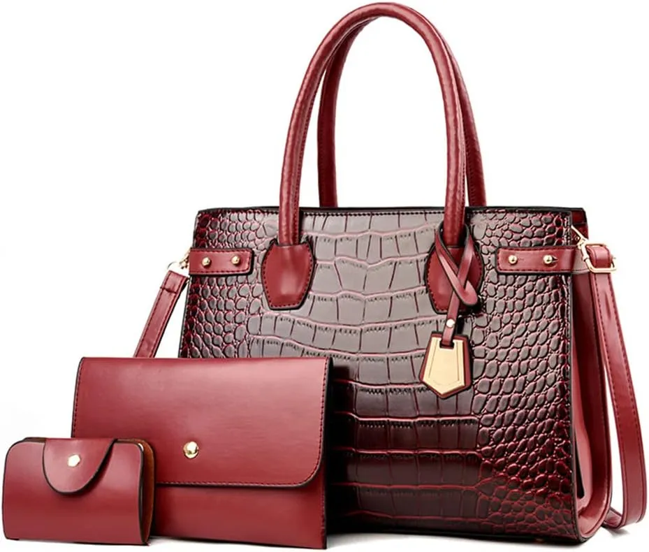 PU Leather Purses and Handbags Crossbody for Women Fashion Crocodile Pattern Top Handle Satchel Purse Set 3pcs (Brown)