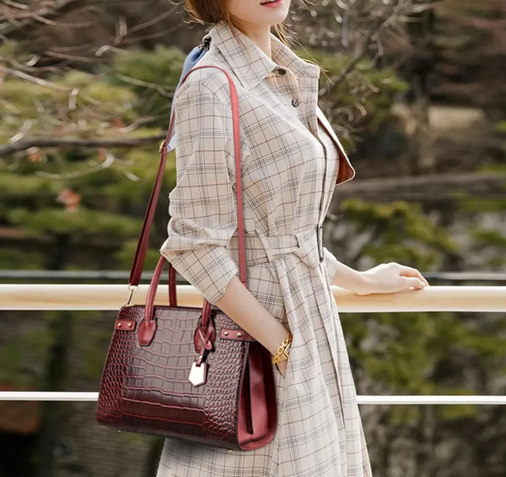 PU Leather Purses and Handbags Crossbody for Women Fashion Crocodile Pattern Top Handle Satchel Purse Set 3pcs (Brown)