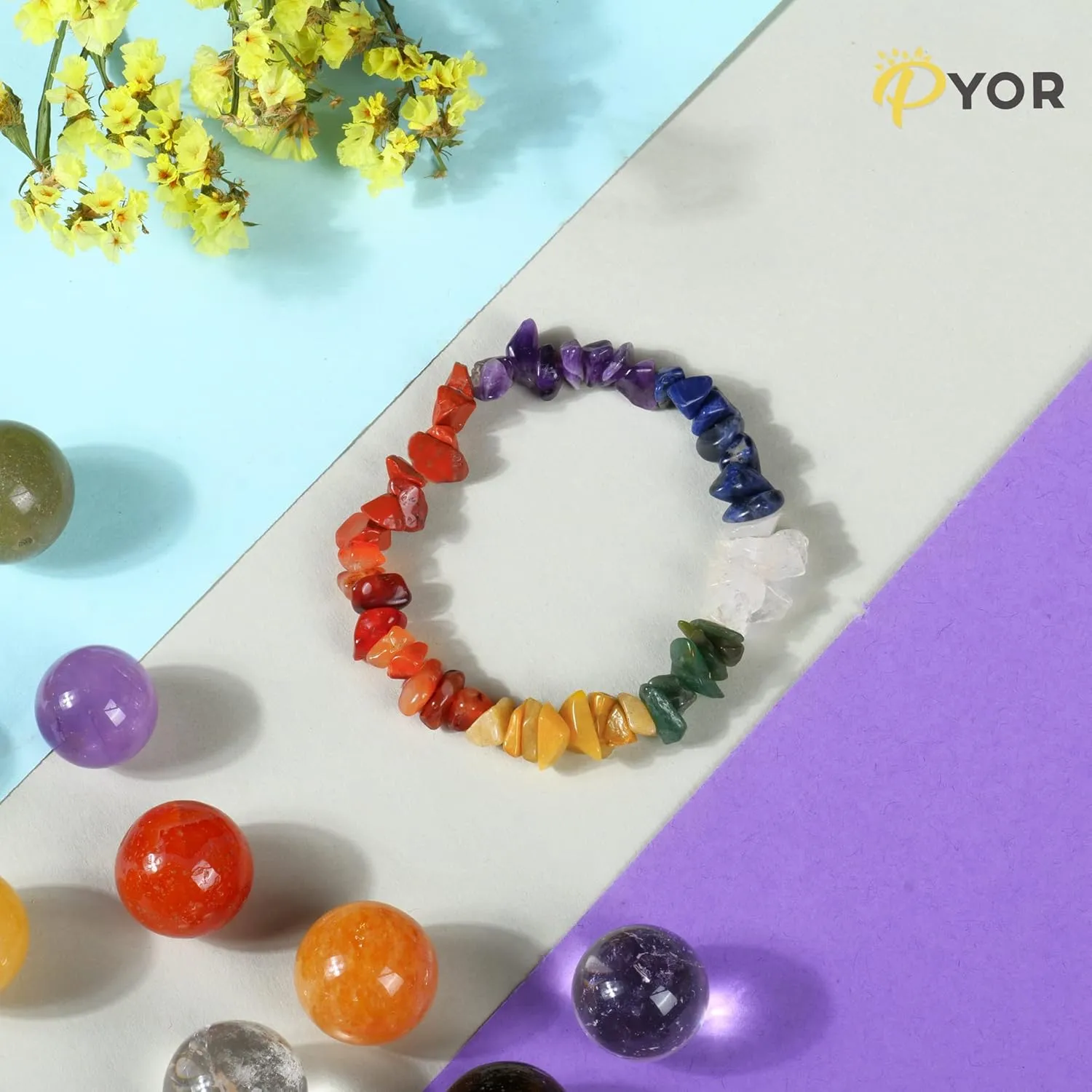 PYOR 7 Chakra Reiki Bracelet Chakra Bracelets For Women Natural Gemstones Healing Stone Jewelry Crystal Beads Prosperity Stones Wealth Energy Crystals Bead Good Luck Charm Gem Spiritual Handmade Gifts
