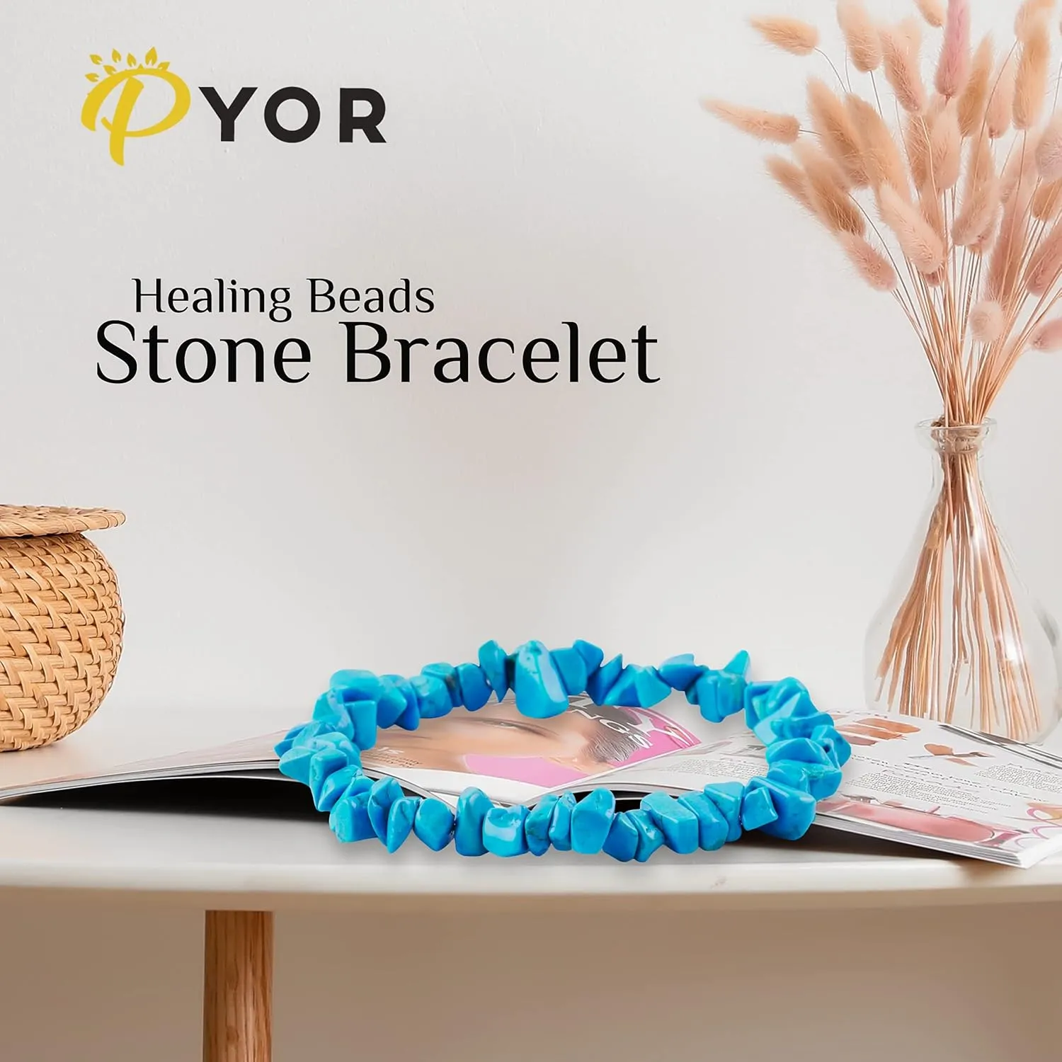 PYOR Turquoise Beads Bracelets Healing Crystals Jewelry Stone Bracelet Good Luck Charm Gems Crystal Beads Charms Gemstone Stretch Bead Prosperity Stones Spiritual Natural Gemstones Positive Vibe Gift