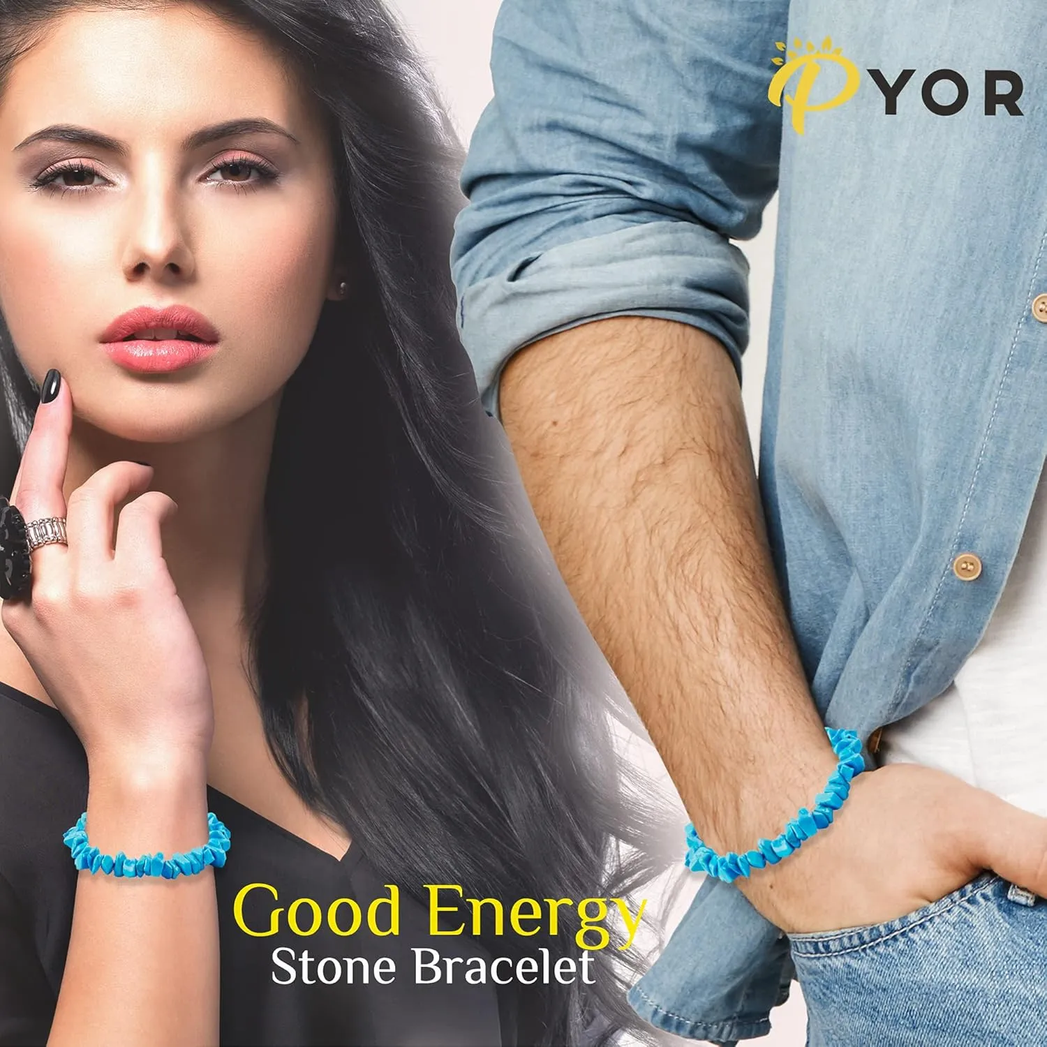 PYOR Turquoise Beads Bracelets Healing Crystals Jewelry Stone Bracelet Good Luck Charm Gems Crystal Beads Charms Gemstone Stretch Bead Prosperity Stones Spiritual Natural Gemstones Positive Vibe Gift