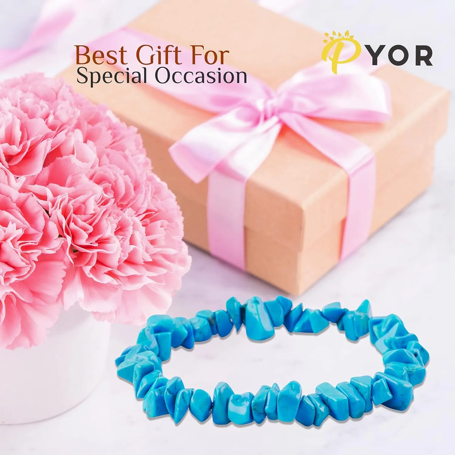 PYOR Turquoise Beads Bracelets Healing Crystals Jewelry Stone Bracelet Good Luck Charm Gems Crystal Beads Charms Gemstone Stretch Bead Prosperity Stones Spiritual Natural Gemstones Positive Vibe Gift
