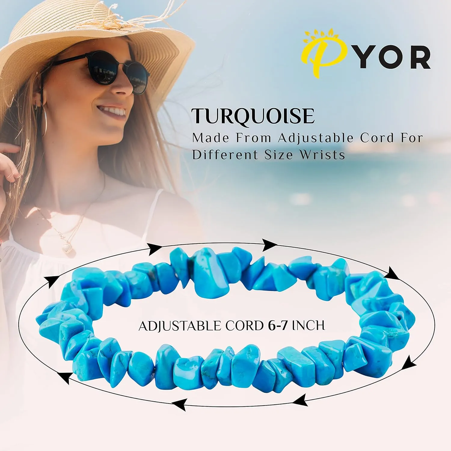 PYOR Turquoise Beads Bracelets Healing Crystals Jewelry Stone Bracelet Good Luck Charm Gems Crystal Beads Charms Gemstone Stretch Bead Prosperity Stones Spiritual Natural Gemstones Positive Vibe Gift