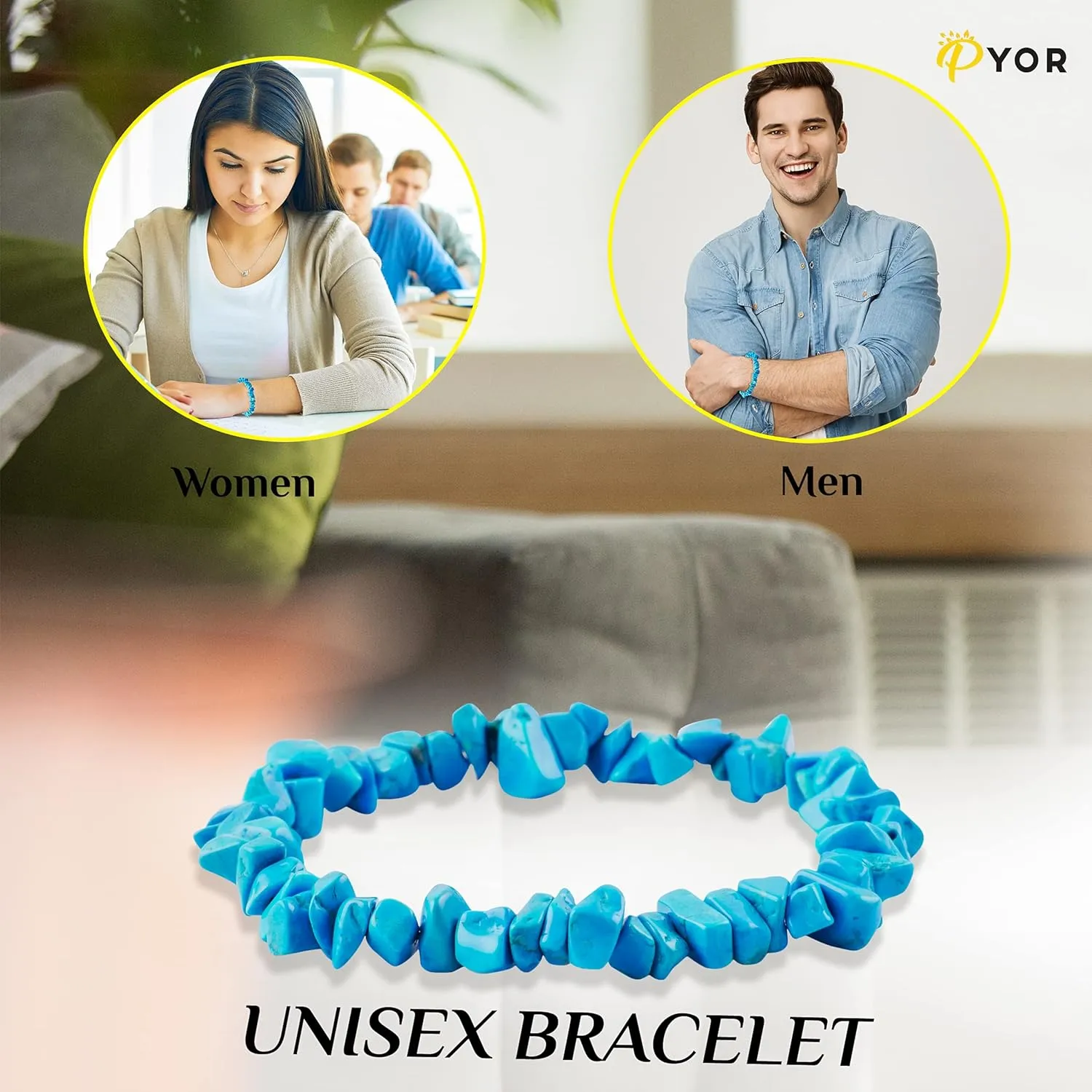 PYOR Turquoise Beads Bracelets Healing Crystals Jewelry Stone Bracelet Good Luck Charm Gems Crystal Beads Charms Gemstone Stretch Bead Prosperity Stones Spiritual Natural Gemstones Positive Vibe Gift