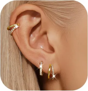 QUINBY Hoop Earrings Set Sensitive Earrings For Women Hypoallergenic Cartilage Double Hoops Ear Cuff 14k Gold Plated Earring Stacks For Multiple Piercing