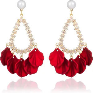 Red Rose Flower Earrings for Women Boho White Red Floral Petal Earrings Pearl Rhinestone Wedding Drop Dangle Earring for Bridesmaids Gifts