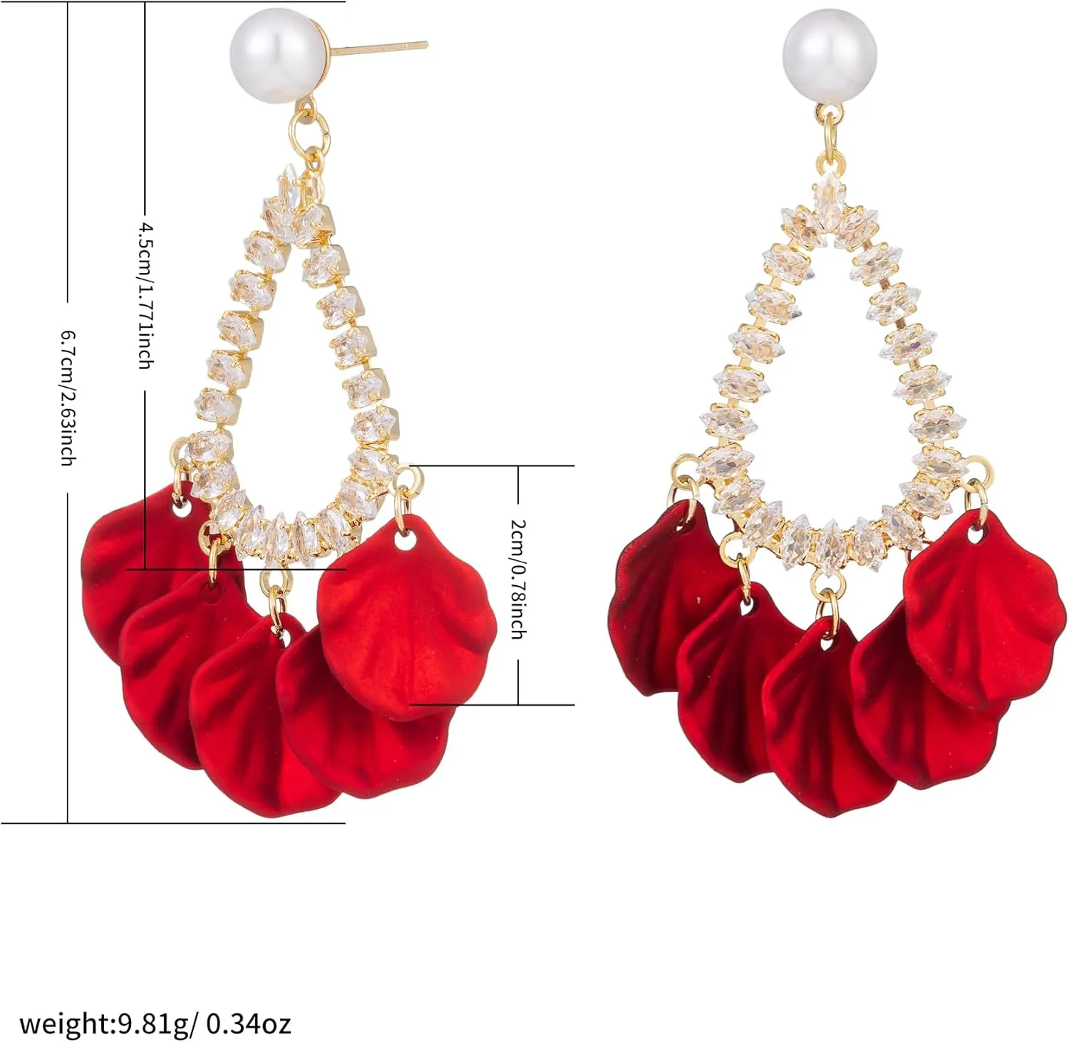 Red Rose Flower Earrings for Women Boho White Red Floral Petal Earrings Pearl Rhinestone Wedding Drop Dangle Earring for Bridesmaids Gifts