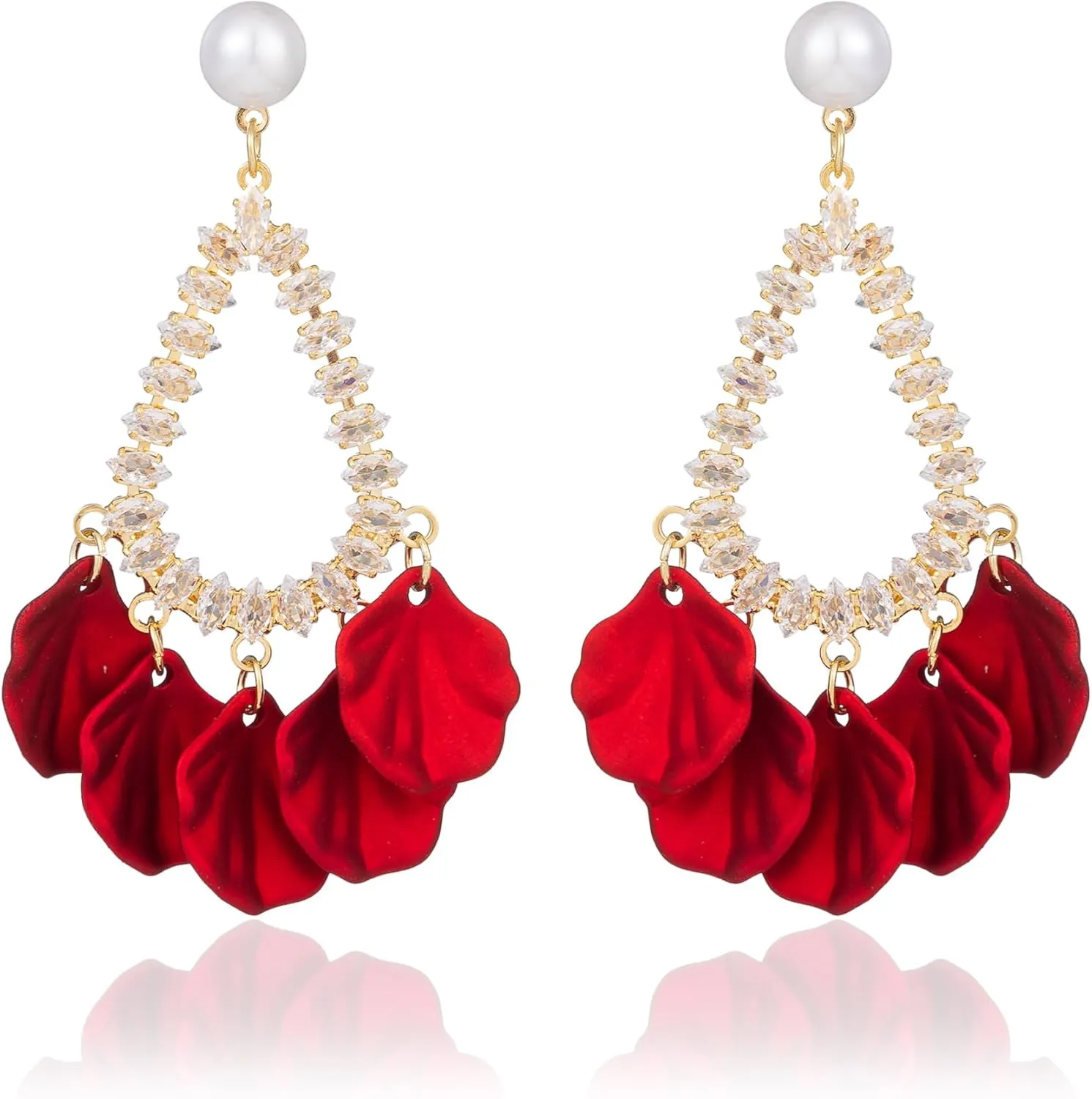Red Rose Flower Earrings for Women Boho White Red Floral Petal Earrings Pearl Rhinestone Wedding Drop Dangle Earring for Bridesmaids Gifts
