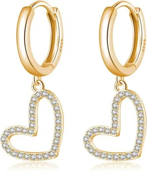 Reffeer Solid 925 Sterling Silver Love Heart Hoop Earrings Drops for Women Teens CZ Heart Hoop Earrings Huggie