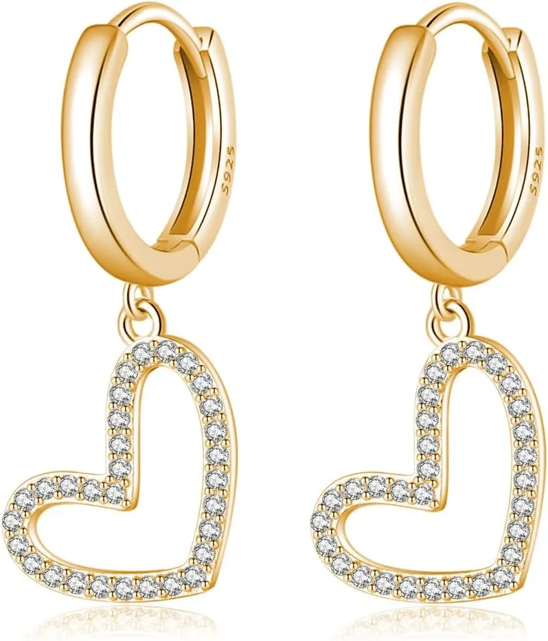 Reffeer Solid 925 Sterling Silver Love Heart Hoop Earrings Drops for Women Teens CZ Heart Hoop Earrings Huggie