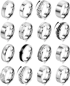 REVOLIA 16PCS Silver Rings for Men Stianless Steel Band Rings for Men Women Simple Engagement Wedding Promise Rings Set