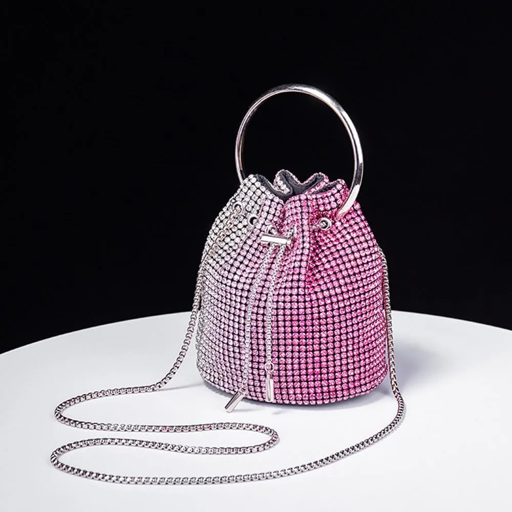 Rhinestone Evening Handbag Drawstring Shoulder Bling Purse Diamond Clutch Purse Party Wedding Prom Shopping Hot Pink